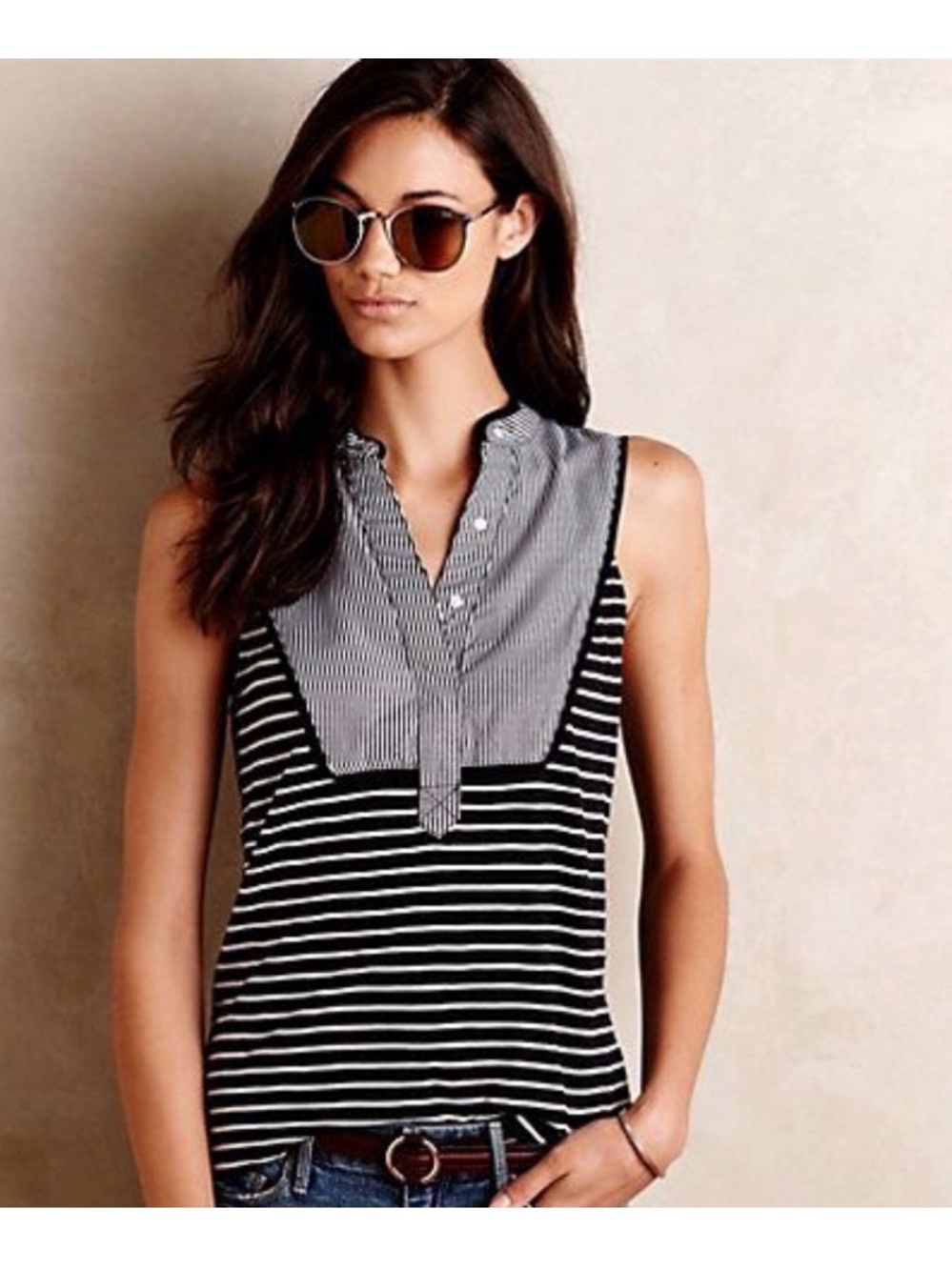 Anthropologie XS Little Yellow Button Black White Stripe Top
